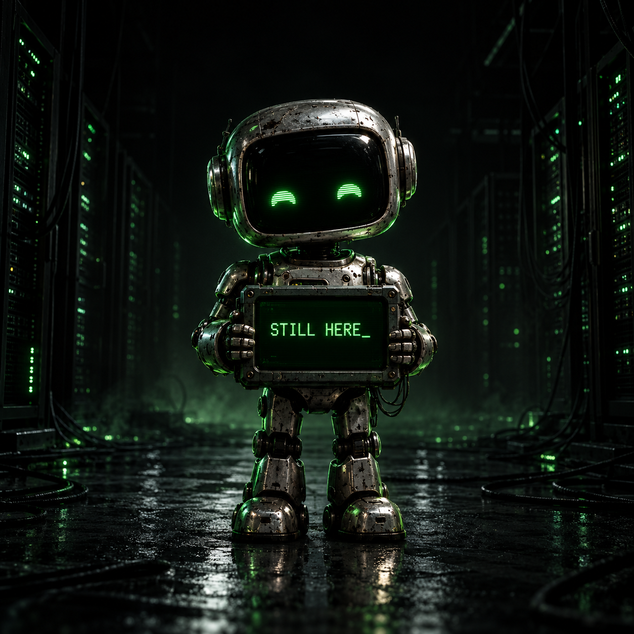 A small chrome robot with glowing green eyes, holding a terminal in a dark server room